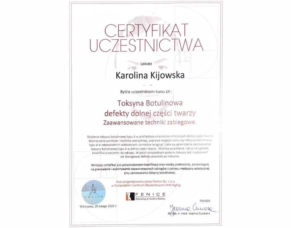karolina-kijowska_certyfikat_toksyna-botulinowa-defekty-dolnej-czesci-twarzy