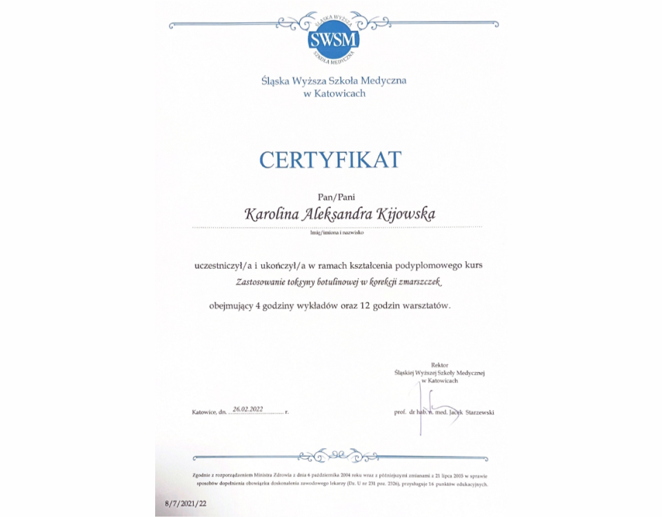 karolina-kijowska_certyfikat_zastosowanie-botuliny-do-korekcji-zmarszczek